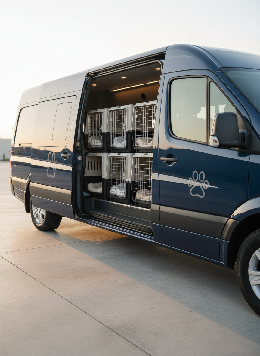 A glossy, navy-blue pet transport van branded with a subtle paw-print logo is parked on a smooth concrete surface, side door open to reveal secure, padded pet crates sized for small breeds like French Bulldogs, Cavalier King Charles Spaniels, and Maltese. Inside the van, stainless-steel crate doors and soft, washable bedding appear organized and hygienic. Late-afternoon natural light casts a gentle golden tone across the side of the van, while the interior is softly illuminated by built-in LED strips, creating a reassuring glow. Photographic realism, a three-quarter front angle, and sharp focus throughout emphasize professionalism, safety, and the logistical capability of a dedicated puppy transport service.