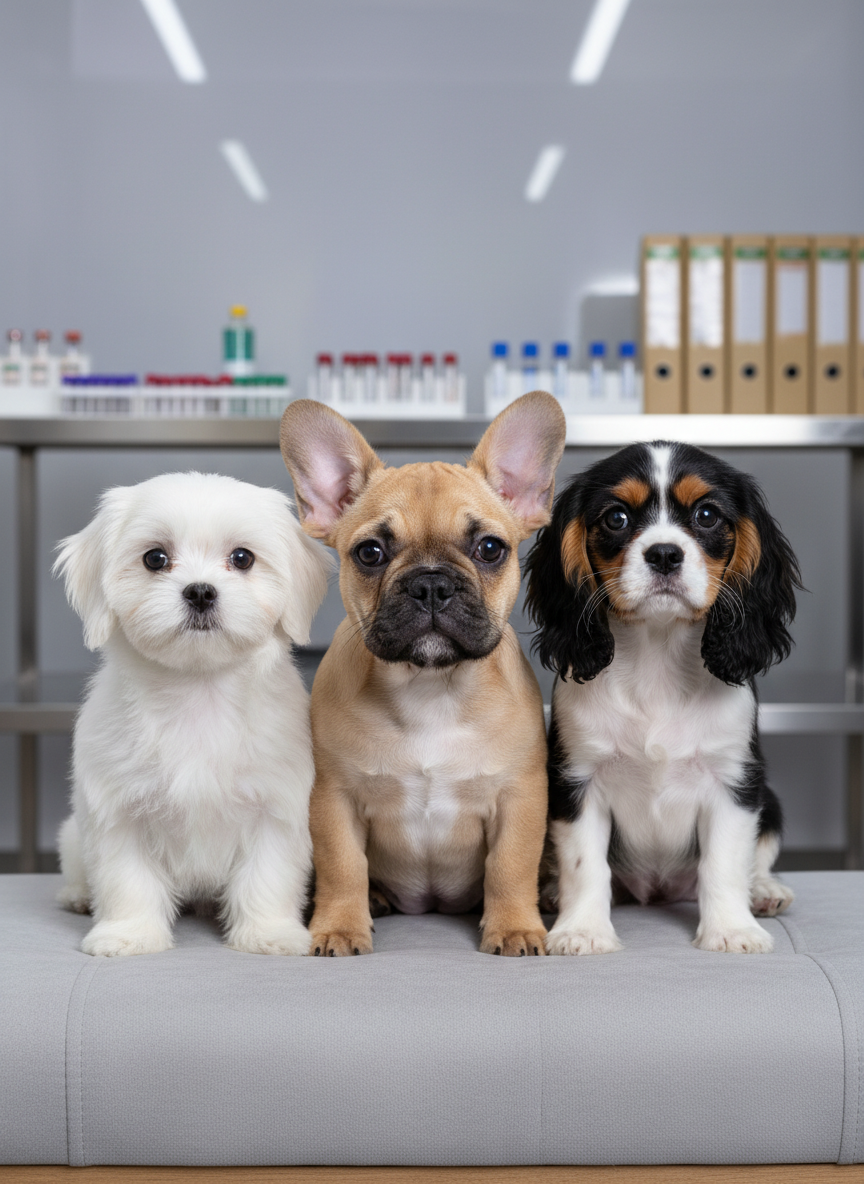 A small group of three purebred puppies—one fawn French Bulldog, one tri-color Cavalier King Charles Spaniel, and one snow-white Maltese—sit together on a soft, light gray upholstered bench. Their coats look clean, brushed, and healthy, with subtle shine and clear, bright eyes indicating good care. Behind them, a modern, professional pet clinic-inspired interior features blurred stainless-steel counters, neatly arranged vaccination vials, and organized folders. Soft studio lighting from the front and above creates gentle catchlights in their eyes and minimal shadows. Photographic realism, eye-level composition, and a shallow depth of field keep the focus squarely on the puppies, conveying trust, professionalism, and health-focused breeding.