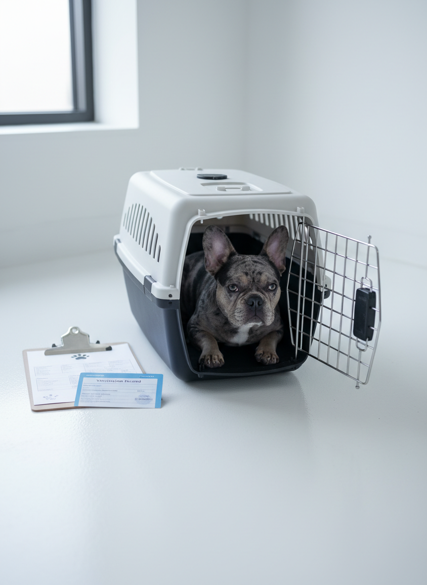 A single blue-merle French Bulldog puppy with expressive eyes and a sturdy, compact build rests in a pristine, open veterinary examination crate designed for travel. The crate sits on a clean, white floor in a bright, minimalist room, with a clipboard of health records and a neatly labeled vaccination card visible beside it. Diffused daylight from a large unseen window washes the scene in cool, even light, reducing harsh shadows and emphasizing cleanliness. Shot from a slightly elevated angle with photographic realism, the composition uses negative space and a calm, professional color palette of whites, grays, and soft blues to communicate safety, preparation, and medically sound transport readiness.