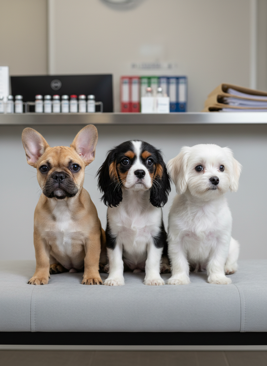 A small group of three purebred puppies—one fawn French Bulldog, one tri-color Cavalier King Charles Spaniel, and one snow-white Maltese—sit together on a soft, light gray upholstered bench. Their coats look clean, brushed, and healthy, with subtle shine and clear, bright eyes indicating good care. Behind them, a modern, professional pet clinic-inspired interior features blurred stainless-steel counters, neatly arranged vaccination vials, and organized folders. Soft studio lighting from the front and above creates gentle catchlights in their eyes and minimal shadows. Photographic realism, eye-level composition, and a shallow depth of field keep the focus squarely on the puppies, conveying trust, professionalism, and health-focused breeding.